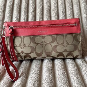 Coach Signature Canvas Saffiano Leather Wristlet Coral Pink Khaki 52860